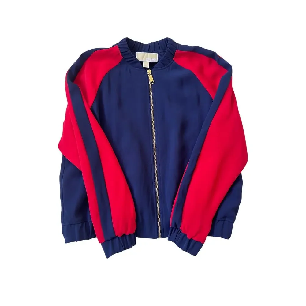 Michael Kors Quilted Shacket Jacket Women's Blue Red Zip Front Lightweight Large